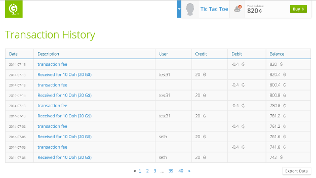 Gloebit Merchant Transaction History Page