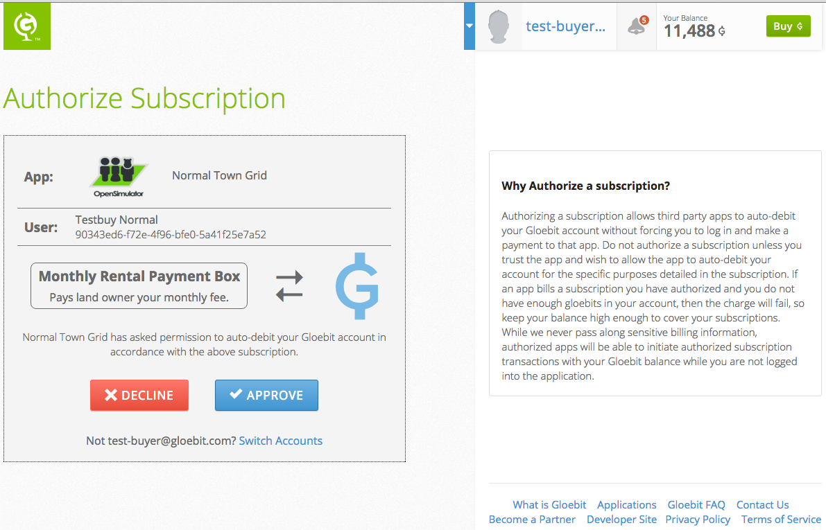 Subscription authorization form on Gloebit