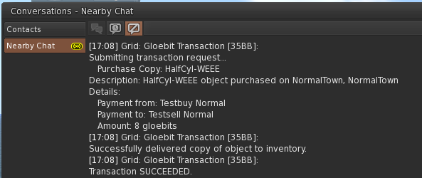 Buy progress messages delivered by the Gloebit Money Module to the OpenSim client and stored in chat history