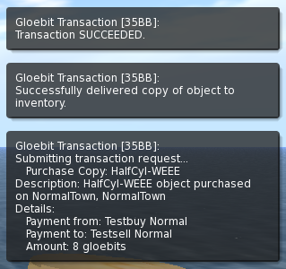 Buy progress messages delivered by the Gloebit Money Module to the OpenSim client