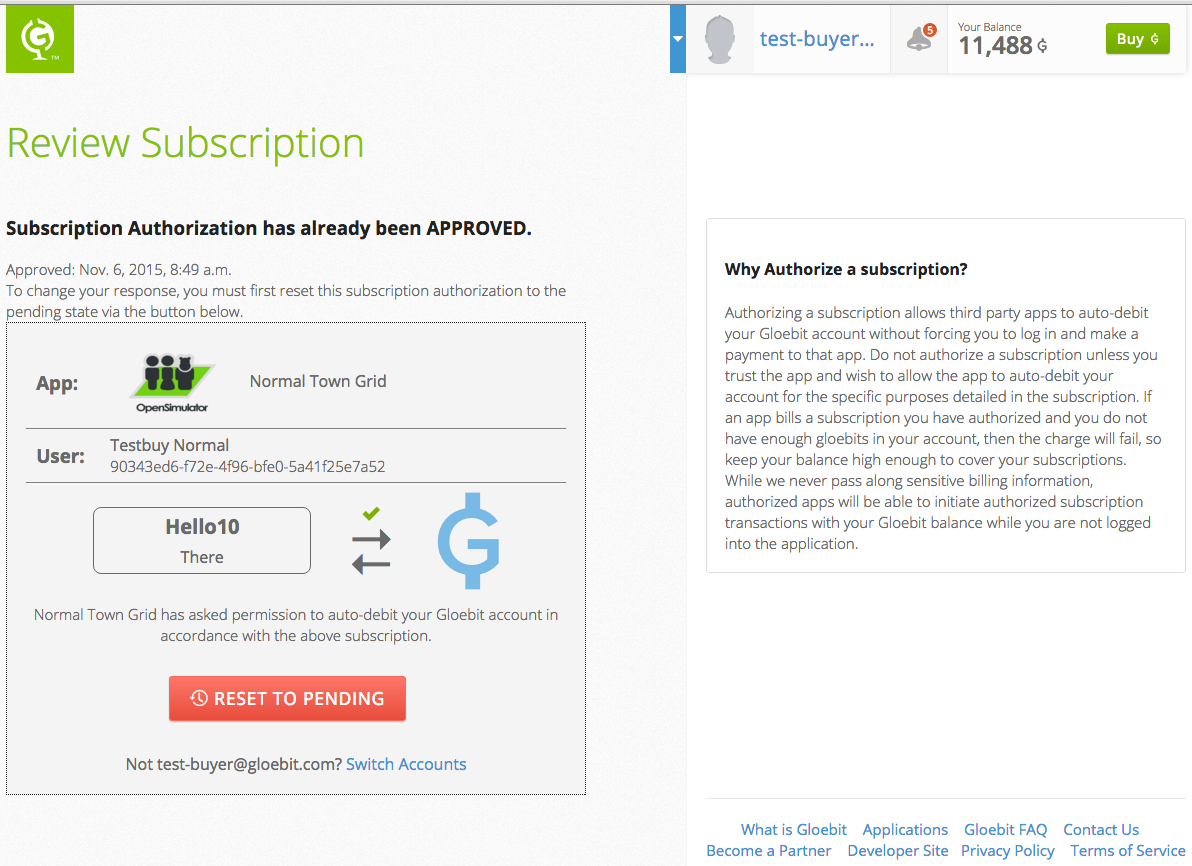 Subscription Authorization reset to pending on Gloebit