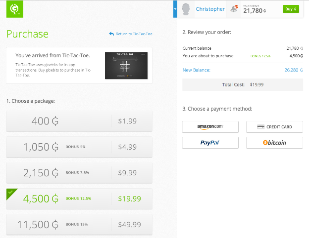 Gloebit Purchase Page Asking for Payment Method