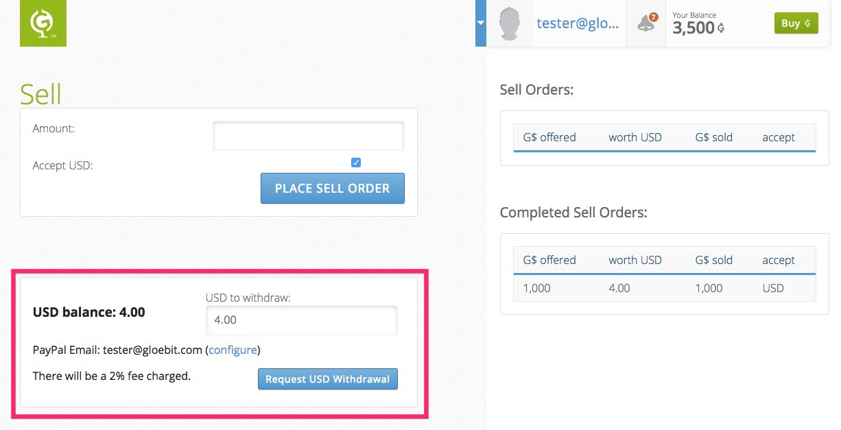 Gloebit cash out request for $4.00
