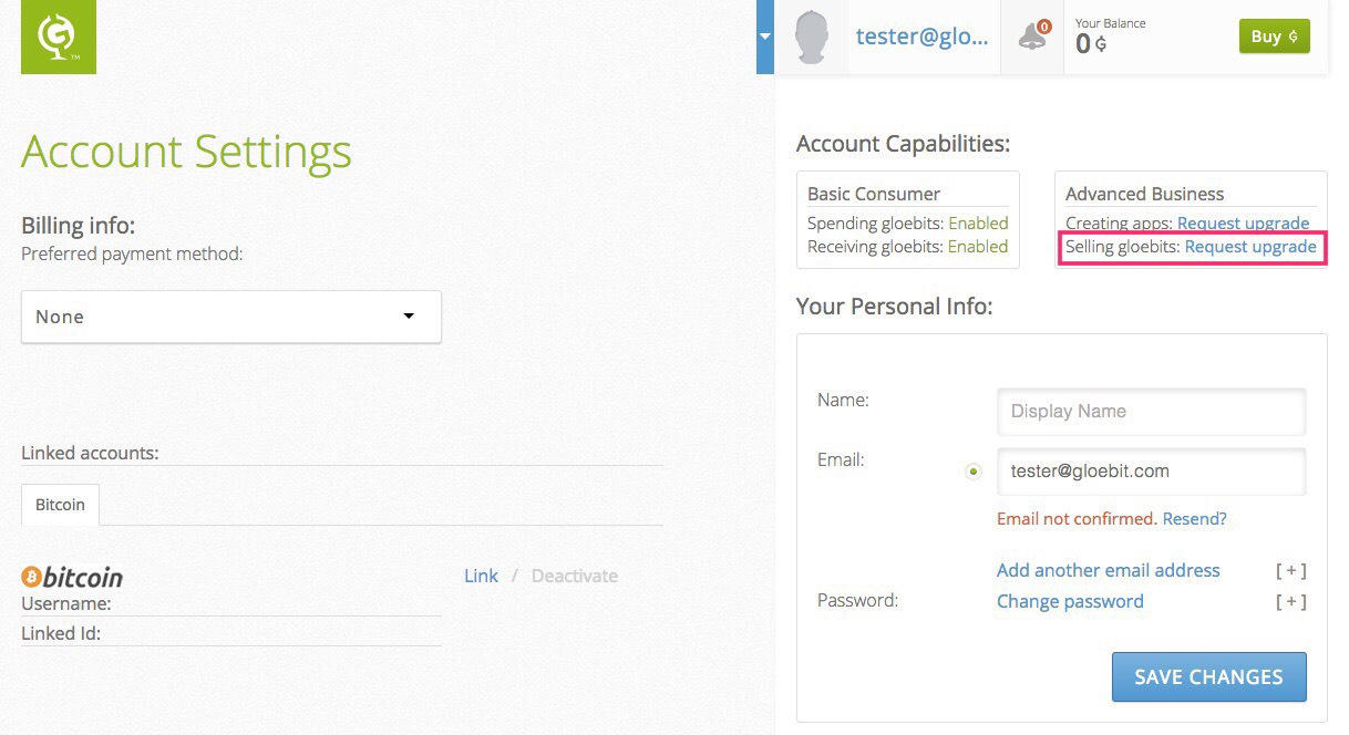 Request upgrade for selling gloebits highlighted in account settings