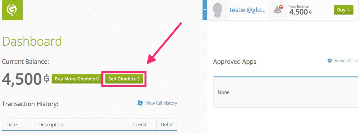 Sell gloebits button on dashboard