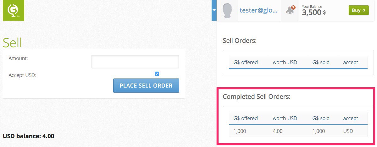 Gloebit Sell order for 1000 gloebits completed