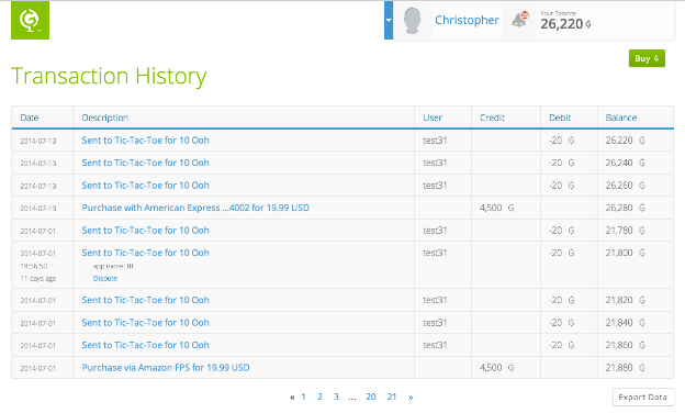 Gloebit User Transaction History Page